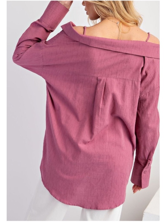 Easel Magenta Cold Shoulder Button Down Boyfriend Shirt - Picture 5 of 5
